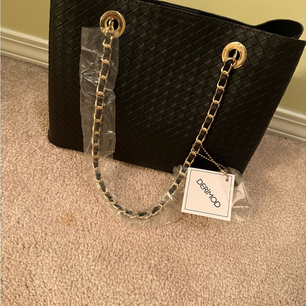 Black Woven Tote with Gold Chain Handles